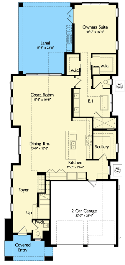 Plan 42037MJ: Two-Story Contemporary House Plan with Covered Lanai - 2902 Sq Ft - Floor Plan - Main Level - Coastal, Contemporary, Modern Farmhouse, Transitional