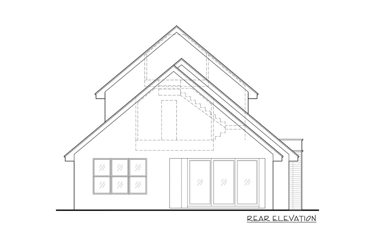 Rear elevation drawing of a house plan with a prominent gable roof, a six-pane window, and a sliding glass door.