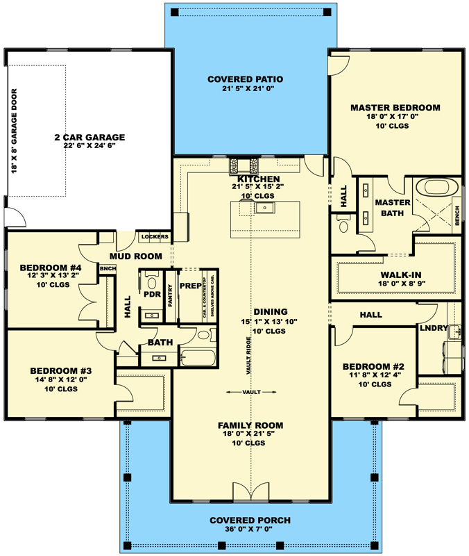 Plan 506043BRY: 4-Bed Modern Farmhouse Plan with Wrap Around Porch and Vaulted Living - 2576 Sq Ft - Floor Plan - Main Level - Farmhouse, Modern Farmhouse