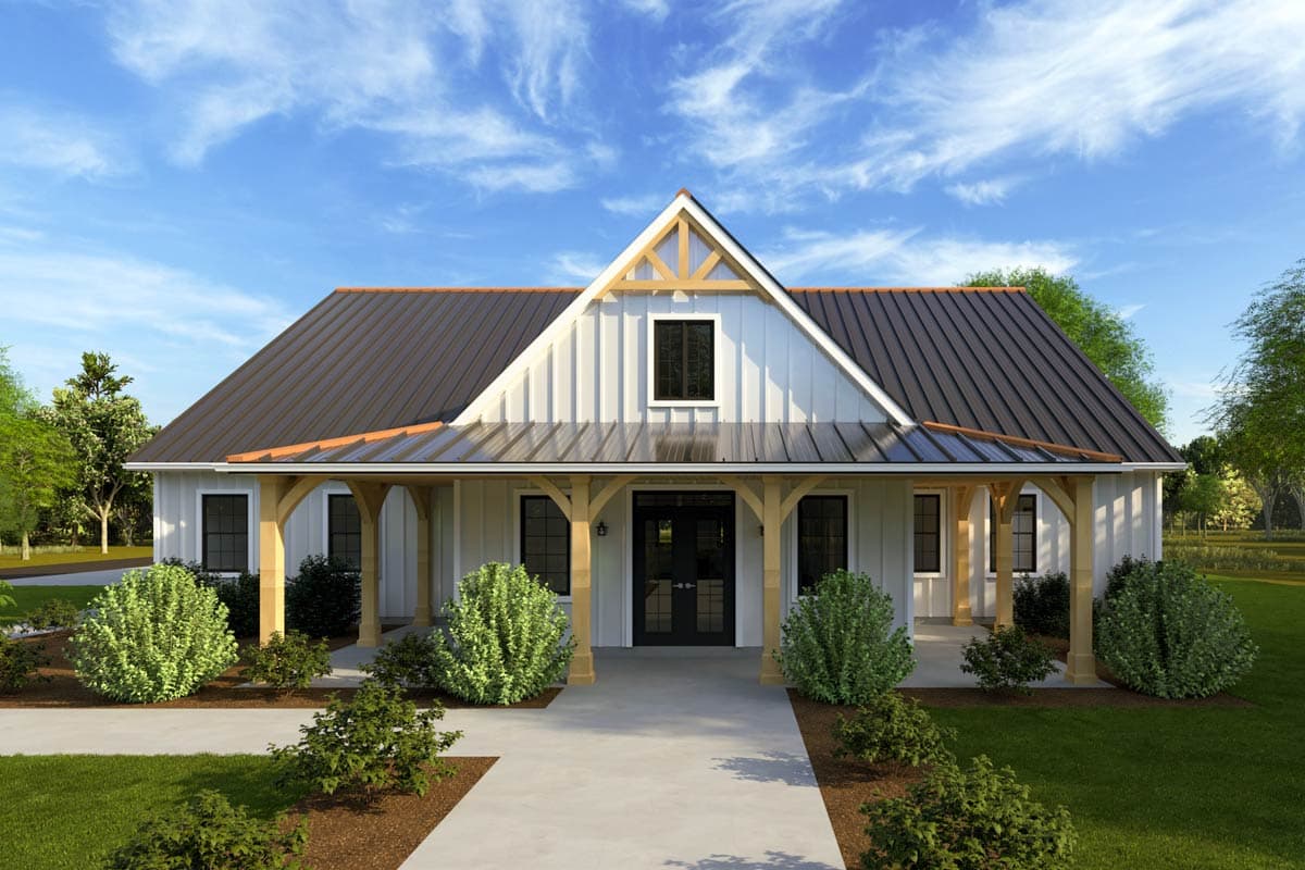 House plan exterior. Modern Farmhouse style with a single story. Features include a metal roof, front porch, and gable detail.