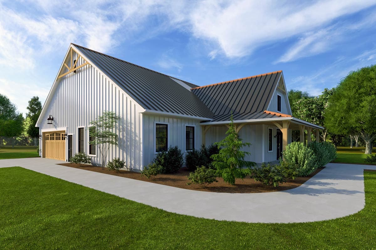 Modern Farmhouse style house plan exterior with metal roof, board and batten siding, and wrap-around porch with wood supports.