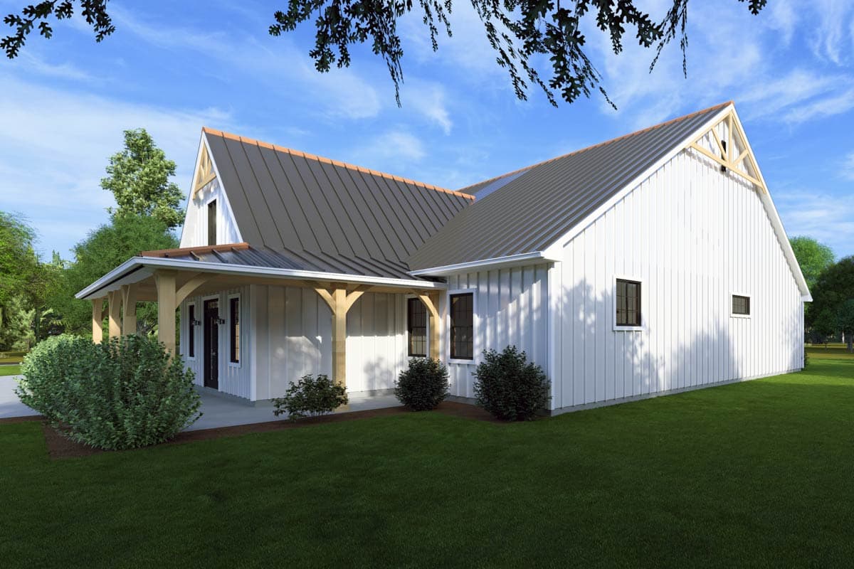 House plan exterior: Modern Farmhouse style with a covered porch, white board-and-batten siding, and a dark metal roof.
