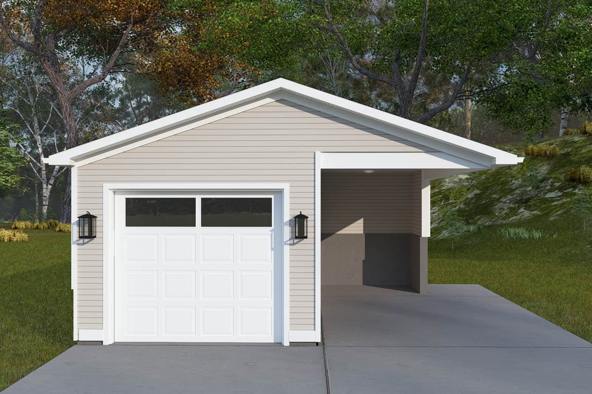 House plan exterior. One-story garage with gable roof, attached carport, and paneled garage door. Includes two exterior sconces.