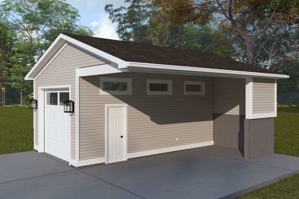 House plan exterior: Gable roof, single-story garage with white door, entry door, and three horizontal windows.
