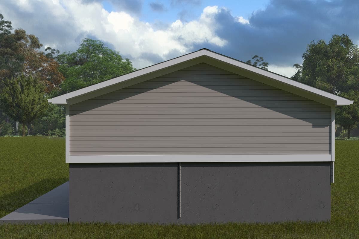 House plan exterior showing side view of a single-story building with horizontal siding and a concrete foundation.
