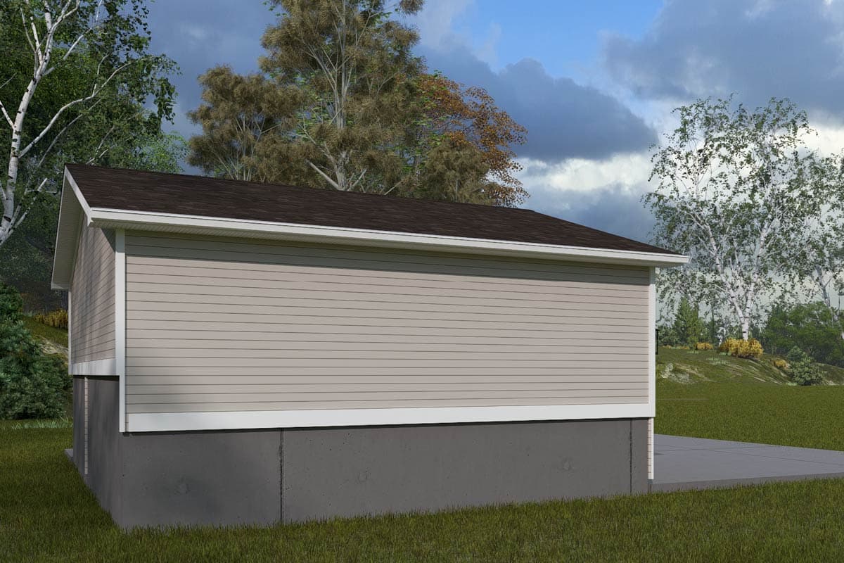 House plan exterior, one story, beige horizontal siding, dark asphalt shingle roof, concrete foundation, and a paved driveway.