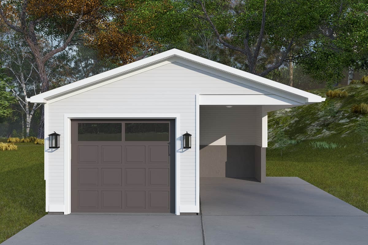 House plan exterior: One-story garage with attached carport, white lap siding, gable roof, and a dark brown garage door.