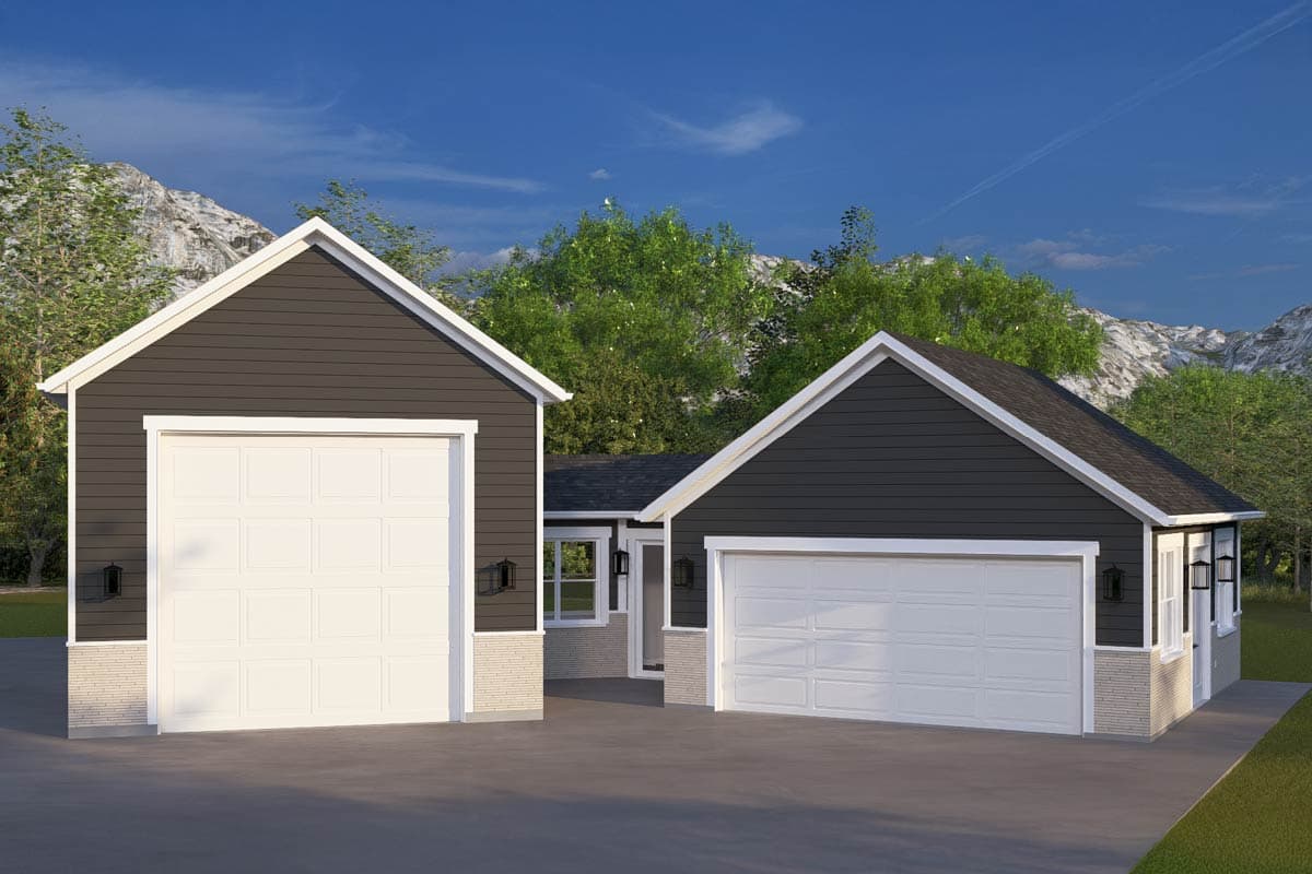 House plan exterior featuring two gable roof garage structures. Dark siding, white trim, and stone accents are visible.