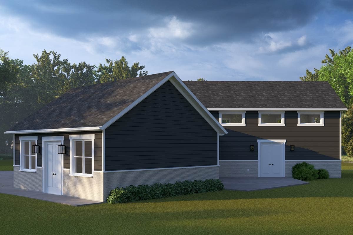 House plan exterior with dark siding, white trim, gable roof, and three upper-level windows.