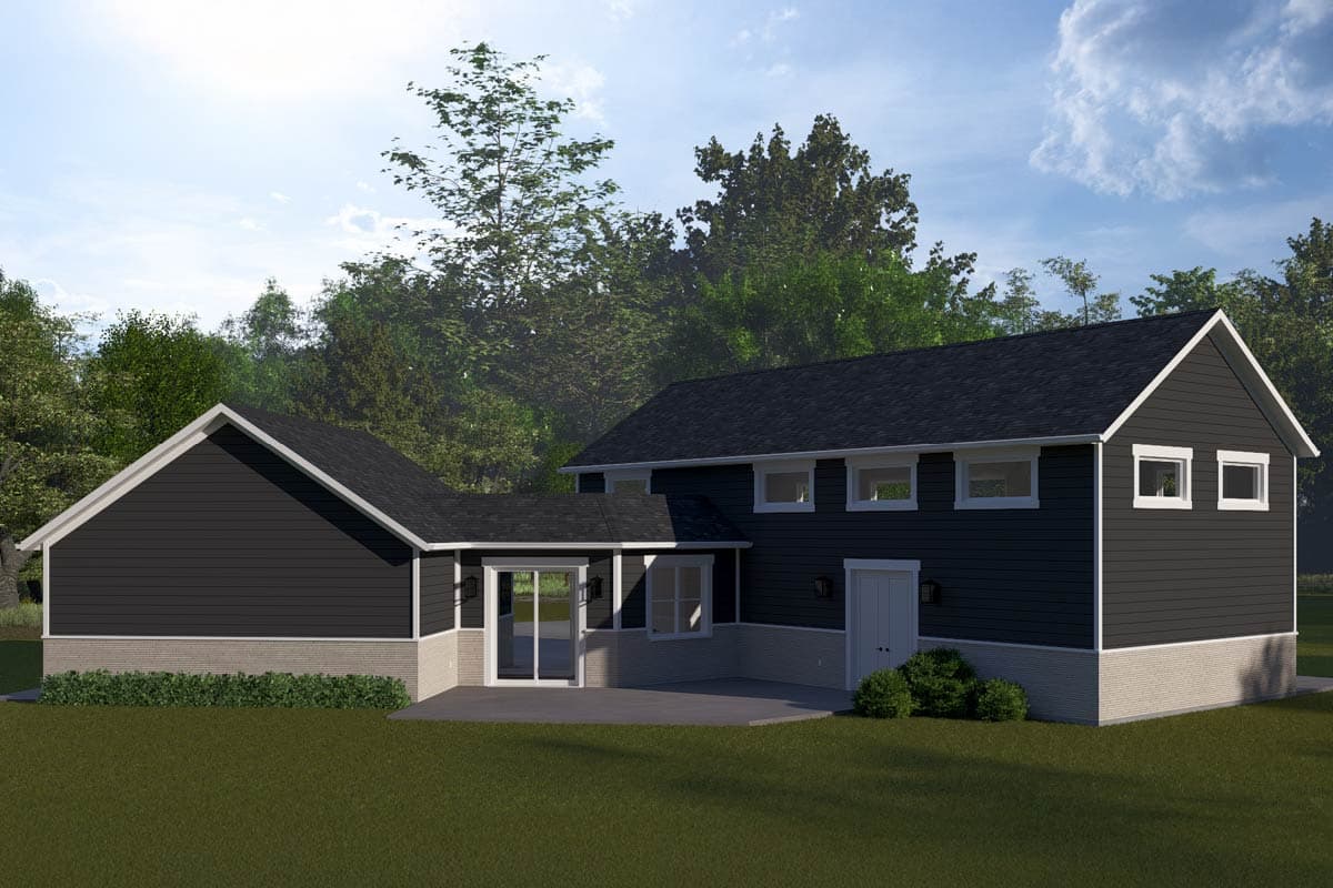 House plan exterior rendering: Two-story dark gray siding, white trim, brick foundation, patio, and gabled rooflines.