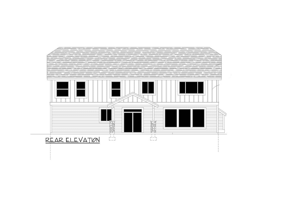 Rear elevation drawing of a two-story house plan with a gabled entrance porch, horizontal siding, and multiple windows.