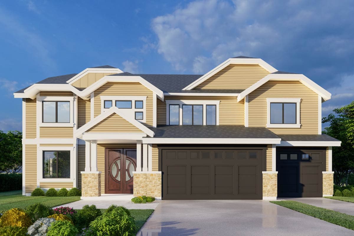 Two-story house plan exterior featuring a hipped roof, gables, and a stone-clad porch. The home has a two-car garage.
