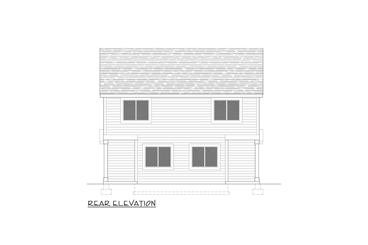 Rear elevation drawing of a two-story house with horizontal siding, a gabled roof, and four windows.