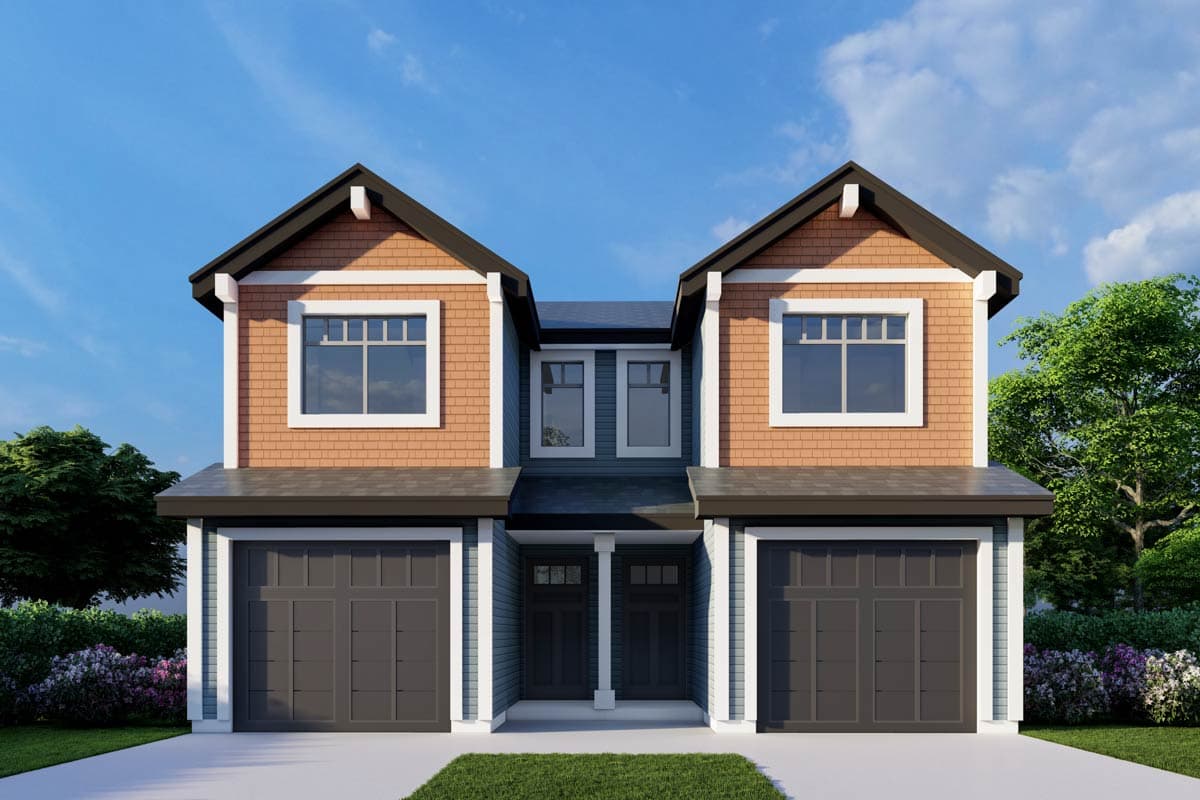 House plan exterior. Two-story Craftsman with shingle siding, gabled roof, and two-car garage. Features include dormers and covered entry.