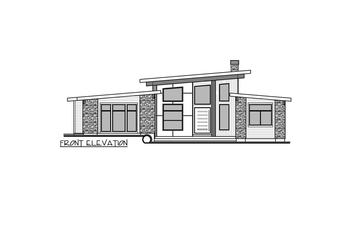 Front elevation drawing of a one-story house with asymmetrical rooflines, stone accents, and a central entryway with multiple windows.