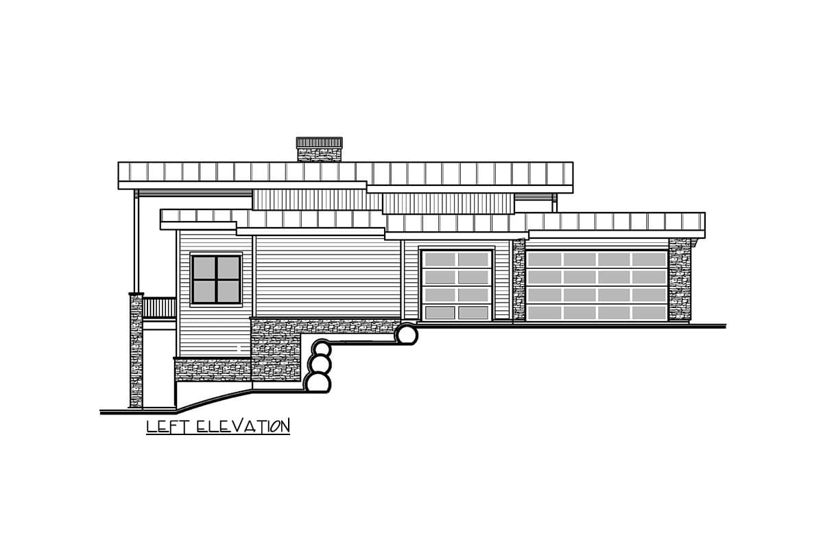 Left elevation house plan showing a modern design with two garage doors, a prominent chimney, and multi-level rooflines.