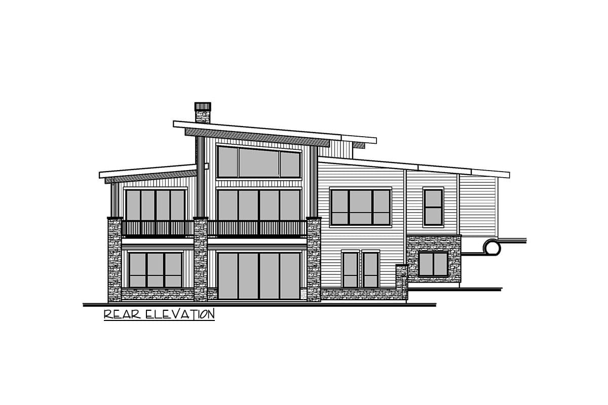 Rear elevation drawing of a multi-story house plan with stacked stone and horizontal siding, featuring a chimney and balconies.