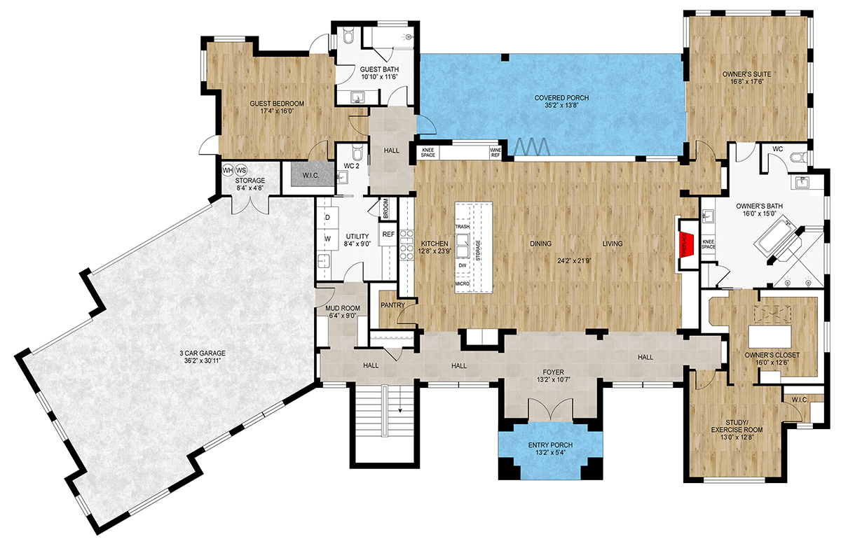 Plan 430128LY: Two-Story Modern House Plan with Game Room Above - 4728 Sq Ft - Floor Plan - Main Level - Contemporary, Modern