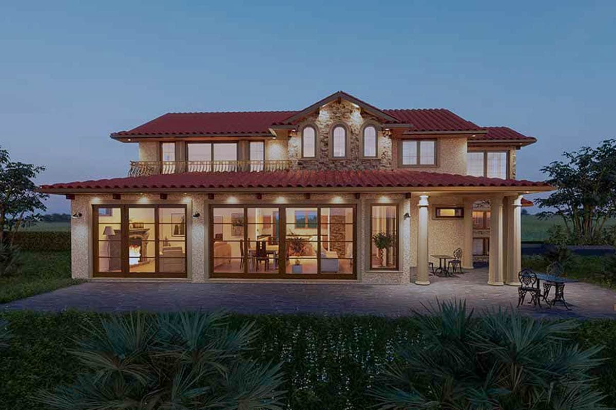 Two-story house plan exterior with red tile roof, stone accents, large windows, and covered patio with columns.