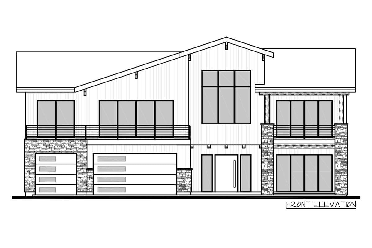 Front elevation drawing of a modern house plan with a gable roof, stone base, multiple garage doors, and large windows.