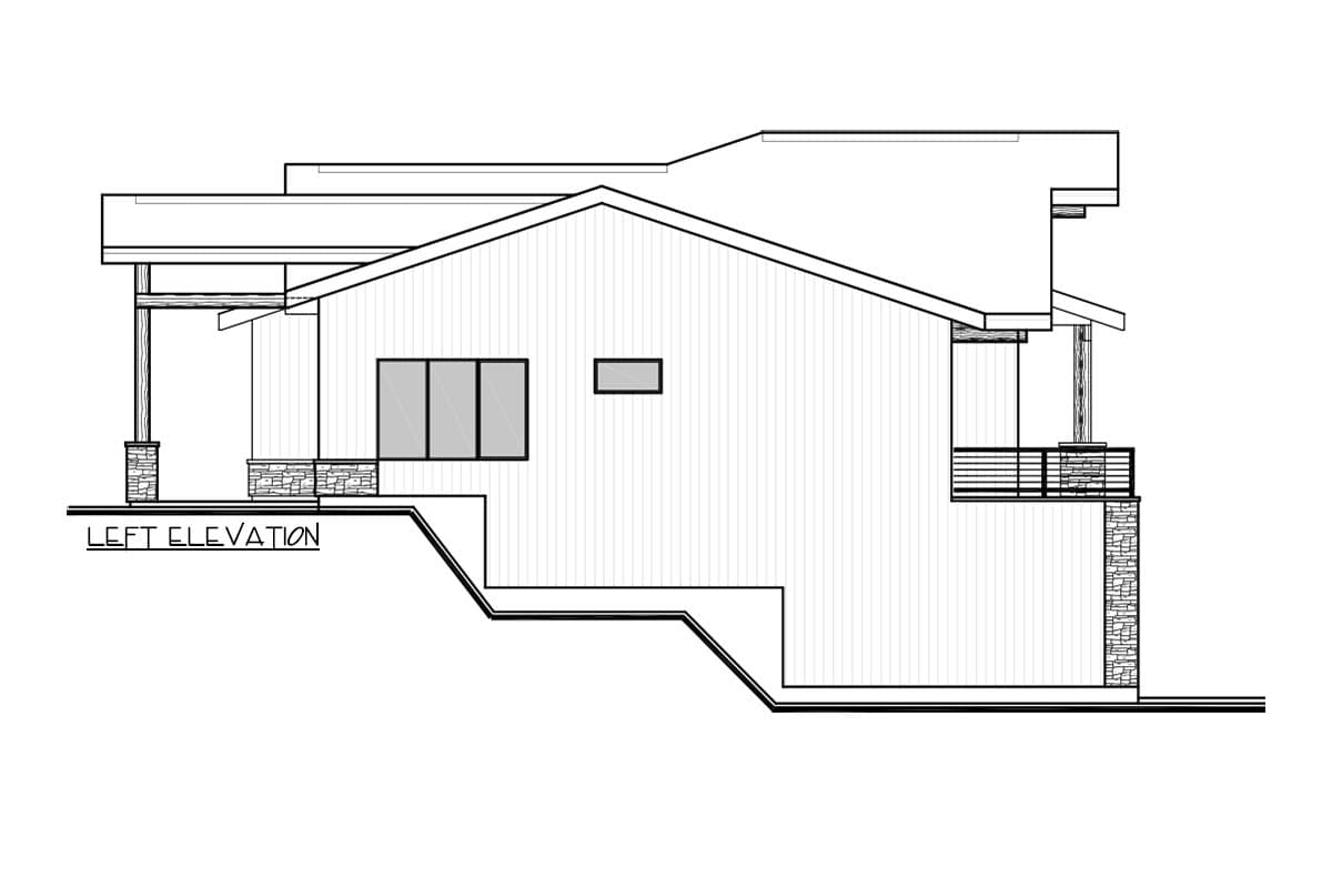 Left elevation of a two-story house plan with a modern roofline, large windows, and a stone-accented porch.