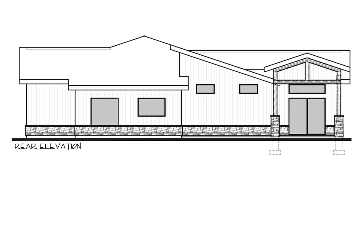 Rear elevation drawing of a single-story house with stone base, shed roof, and covered entry with exposed beams.