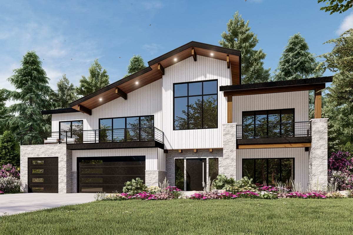 House plan exterior. Two-story Modern house with a mix of siding and stone. Features include a sloped roof, balcony, and garage.