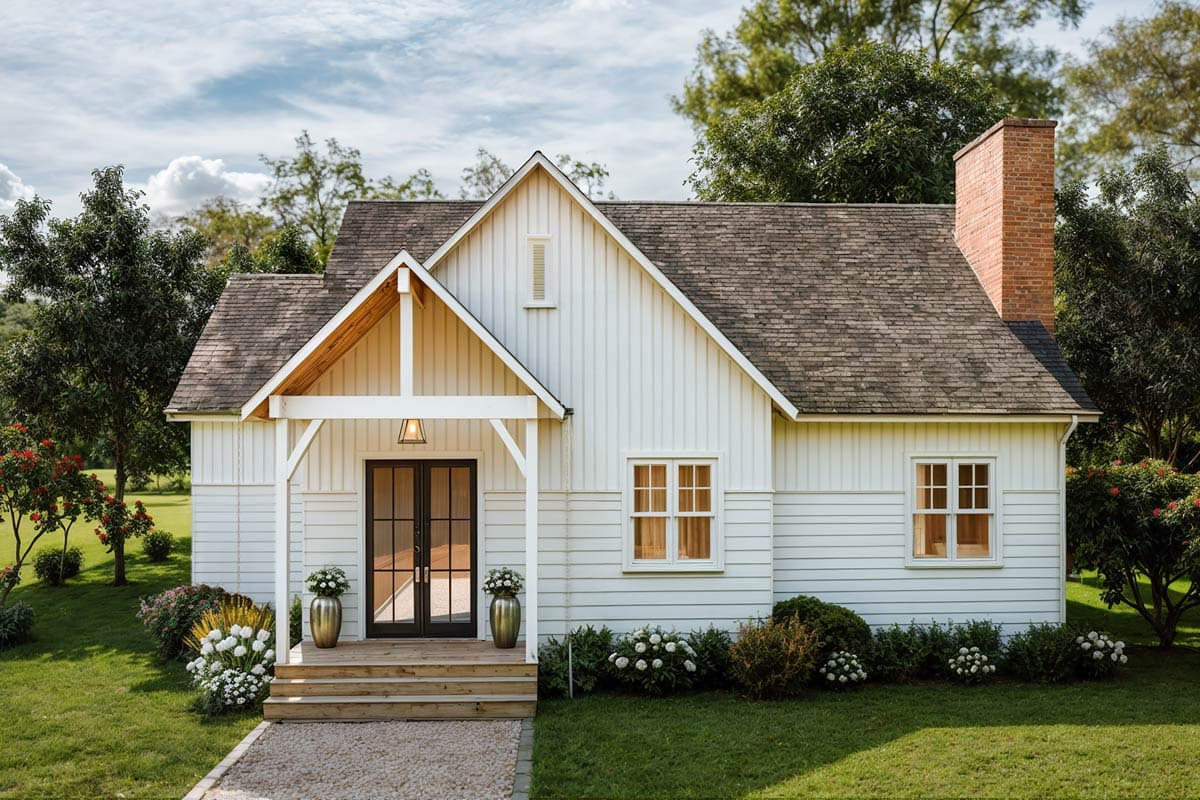 House plan exterior. Farmhouse style with a gabled roof, a front porch with exposed supports, and a brick chimney. One story.