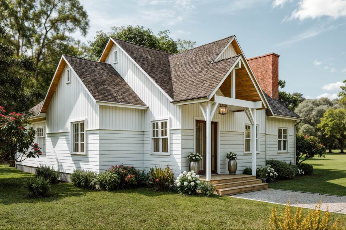 House plan exterior: Modern Farmhouse style, one story, with a covered front porch, gables, and brick chimney.