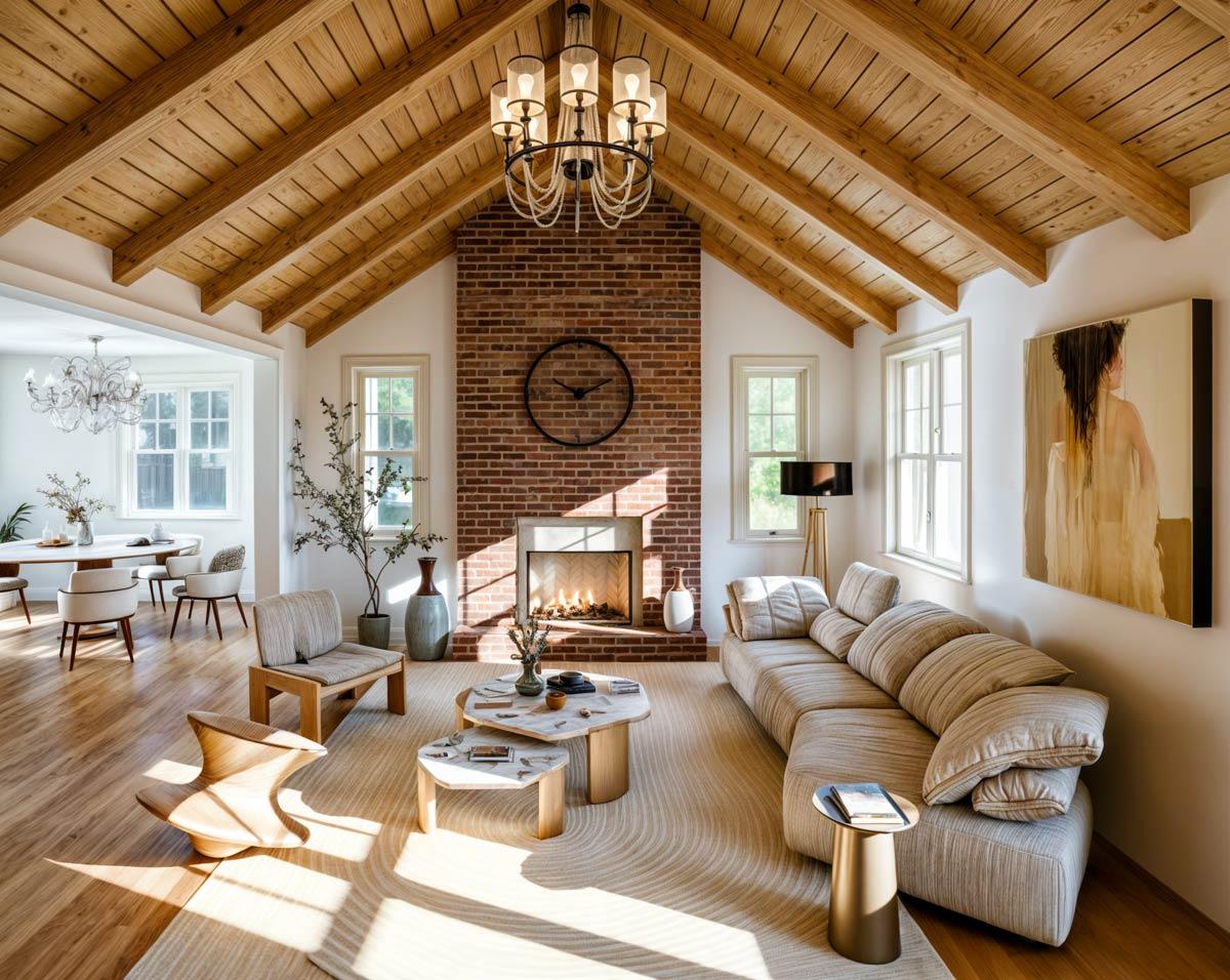 Interior view of a living room with a vaulted wood-beamed ceiling, brick fireplace, sectional sofa, and dining area.