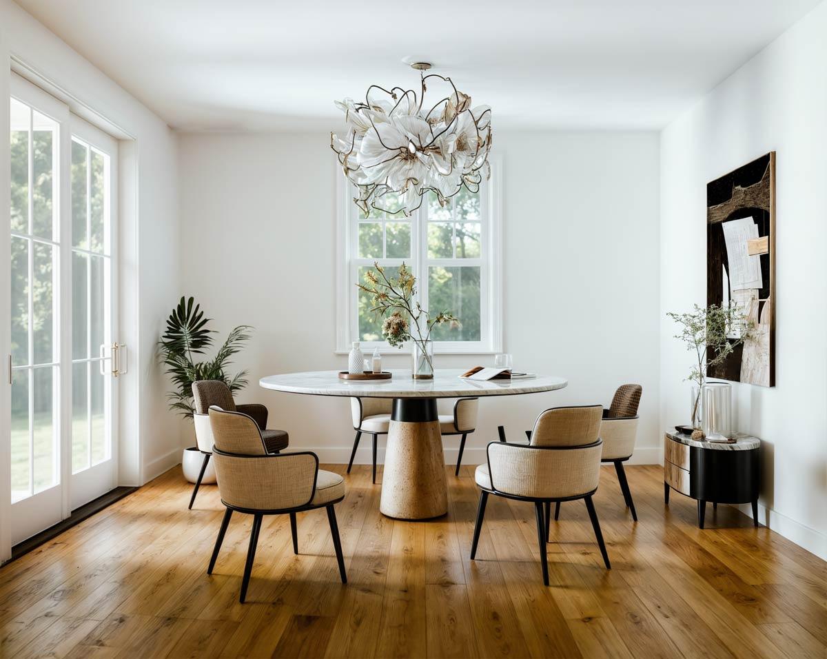 Dining room with a round marble table, upholstered chairs, chandelier, and French doors.