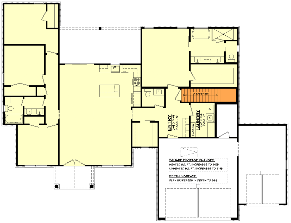 Plan 51997HZ: 4-Bed Country Craftsman House Plan with 3-Car Garage - Under 2000 Sq Ft - Floor Plan - Main Level - Basement Stairs Location - Country, Craftsman, Modern Farmhouse, Southern