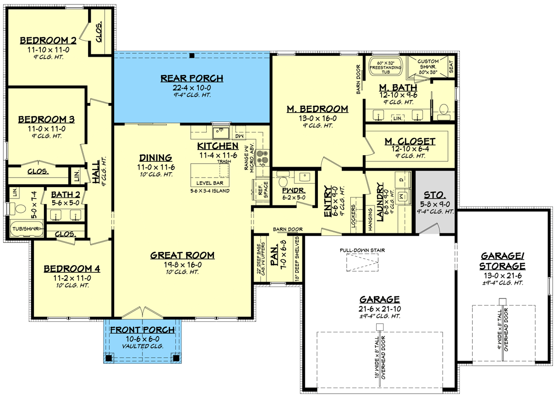 Plan 51997HZ: 4-Bed Country Craftsman House Plan with 3-Car Garage - Under 2000 Sq Ft - Floor Plan - Main Level - Country, Craftsman, Modern Farmhouse, Southern