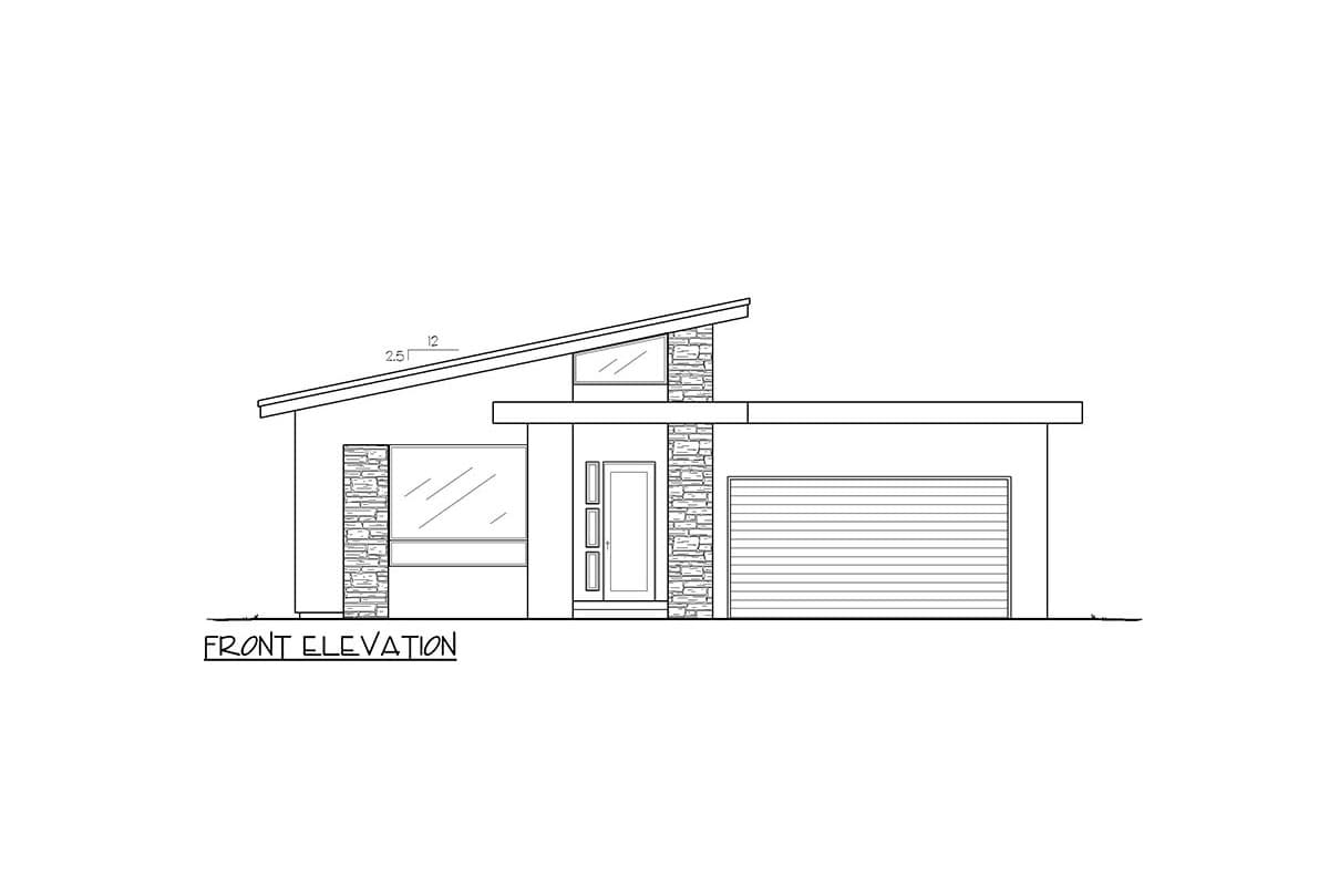 Front elevation drawing of a modern house with a sloped roof, stone accents, large windows, front door, and garage.