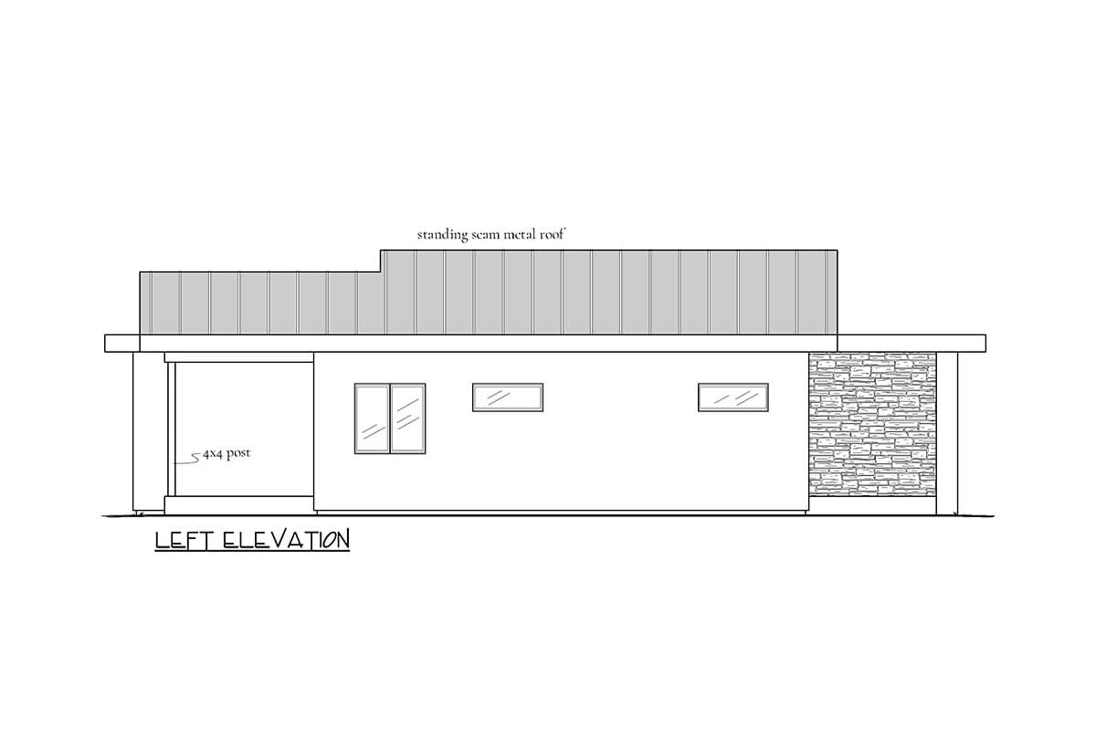 Left elevation drawing of a single-story house with a standing seam metal roof, stone accent, and a covered entry with a 4x4 post.