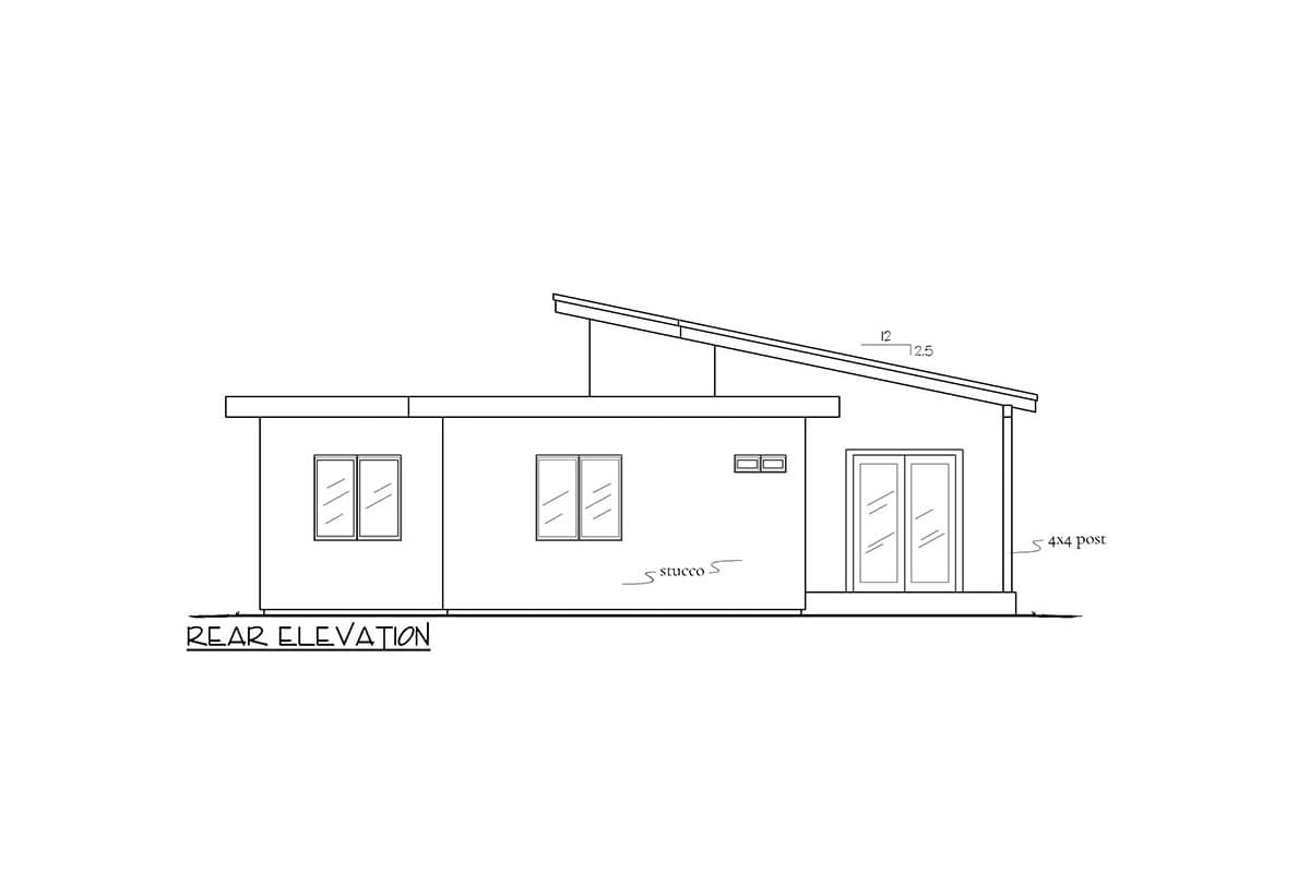 Rear elevation of a single-story house plan with a sloped roof, two windows, double doors, and stucco.