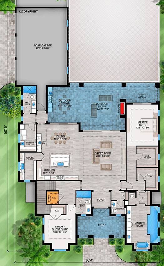 Plan 86160BW: Two-Story Coastal Contemporary House Plan with Rec Room - 4583 Sq Ft - Floor Plan - Main Level - Coastal, Coastal Contemporary, Florida-Style