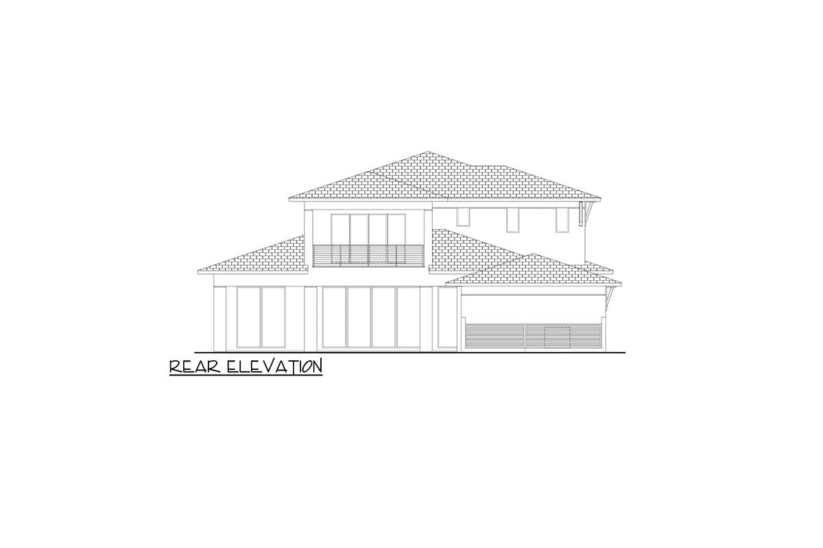 Rear elevation drawing of a two-story house with a covered patio, balcony, and multiple gables.