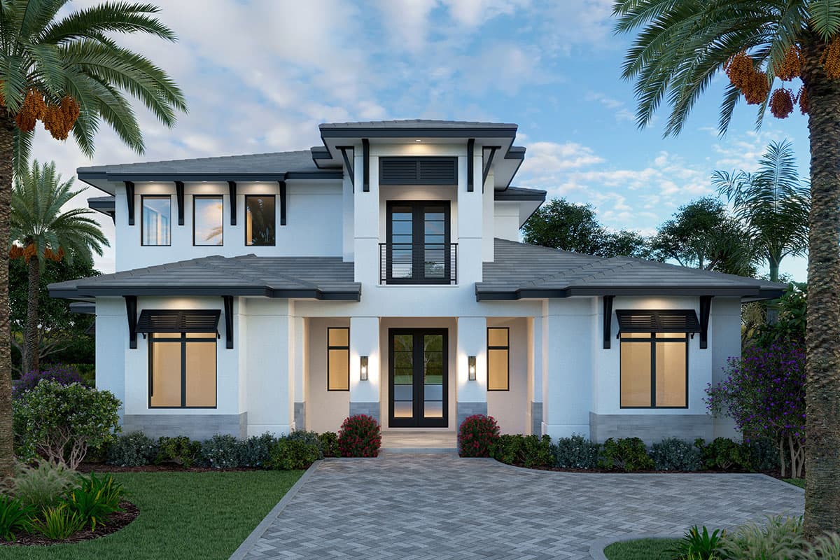 House plan exterior. Two-story contemporary home with hipped roof, covered entryway, black-framed windows, and a second-story balcony.