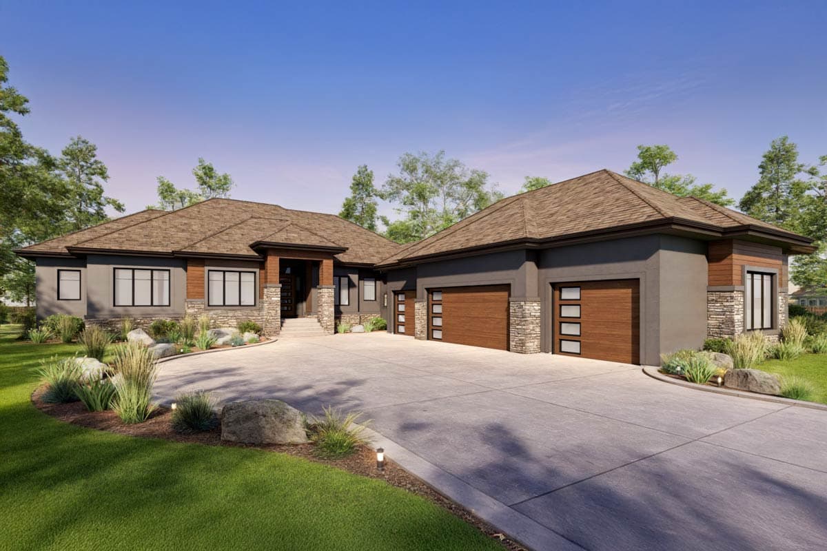 House plan exterior. Modern Ranch-style home with single story, flat roof, and attached garage. Stone accents, wood garage doors, and a covered entry.