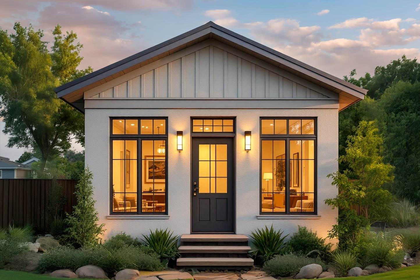 House plan exterior. One-story structure with a gable roof. Features include a centered entry door, large windows, and a raised entryway with steps.