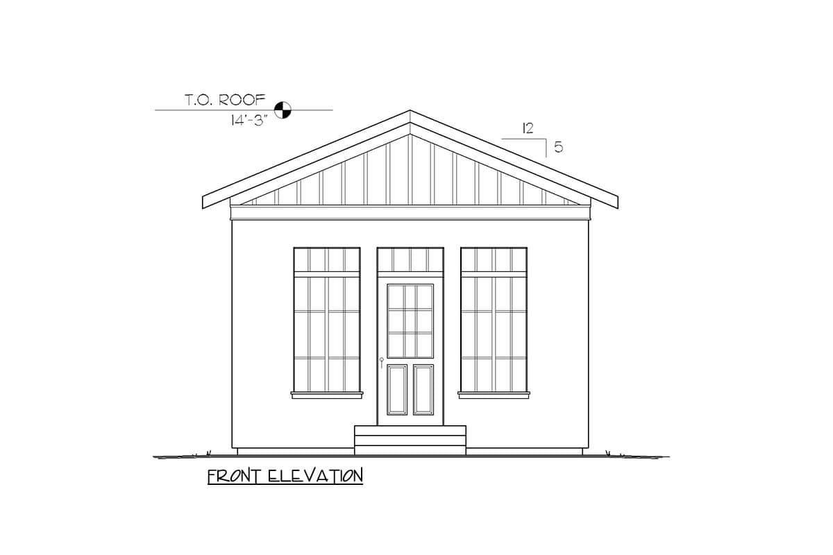 Front elevation of a house plan featuring a gabled roof, central door, and flanking windows.