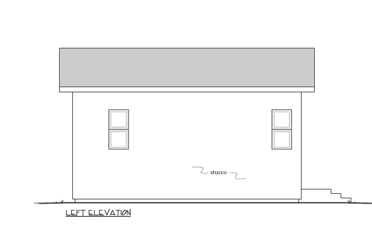 Left elevation floor plan drawing showing a stucco exterior with two stacked windows and exterior stairs.
