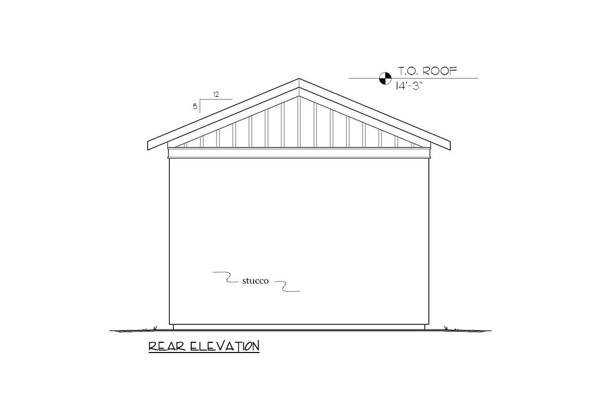 Rear elevation drawing of a stucco house with a gable roof and exposed rafters.