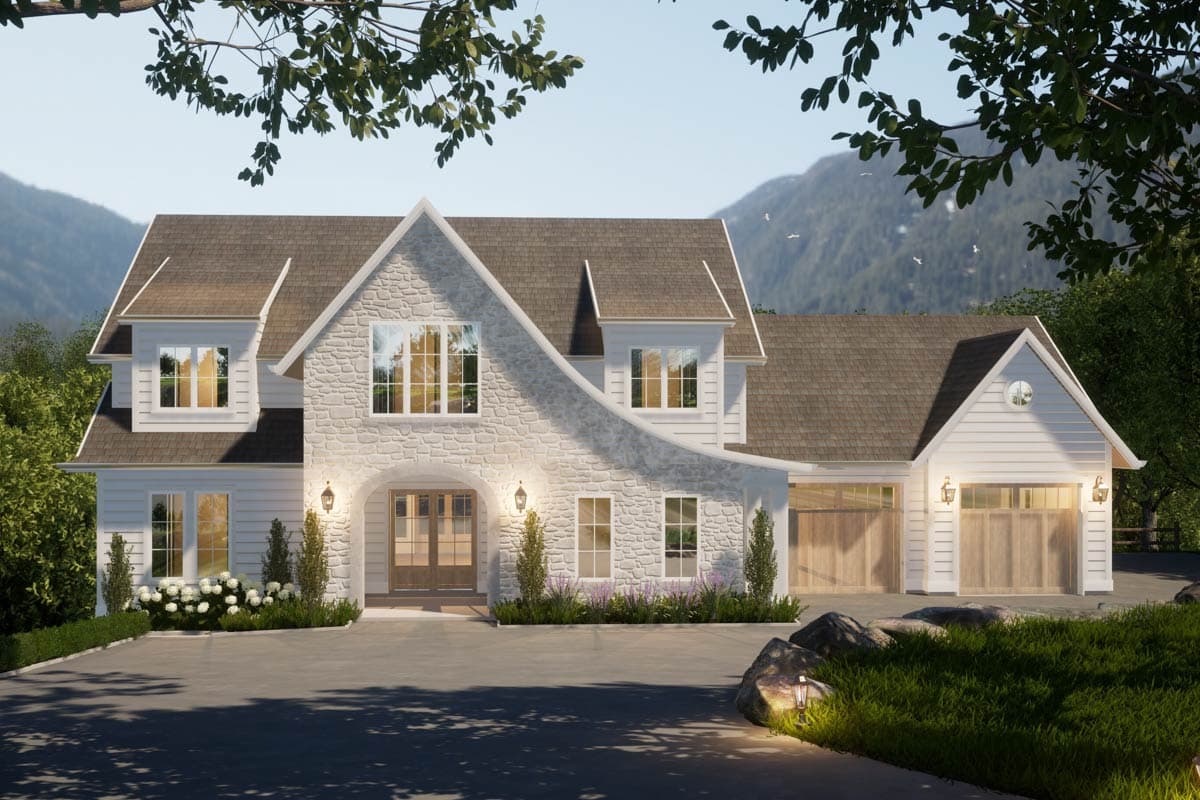 House plan exterior. Two-story home with stone facade, multiple gables, and attached two-car garage. Features arched entry and dormer windows.