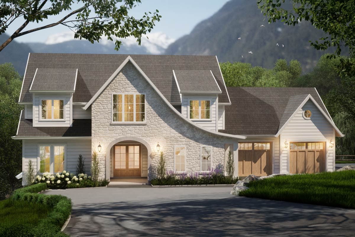 House plan exterior: Two-story home with stone facade, arched entryway, dormers, and attached two-car garage.