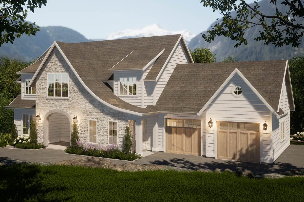 House plan exterior: Two-story home with stone accents, arched entry, gabled dormers, and a three-car garage.