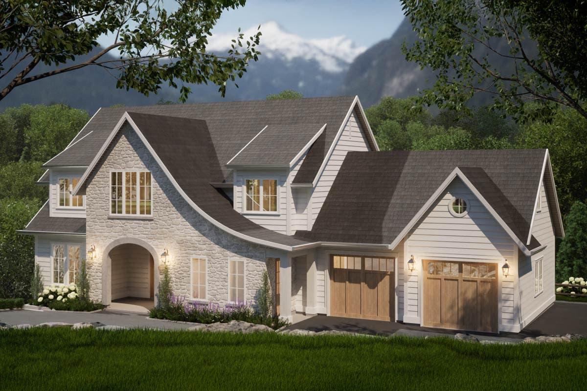 House plan exterior featuring stone facade, arched entryway, multiple gables, and two-car garage with wood doors.