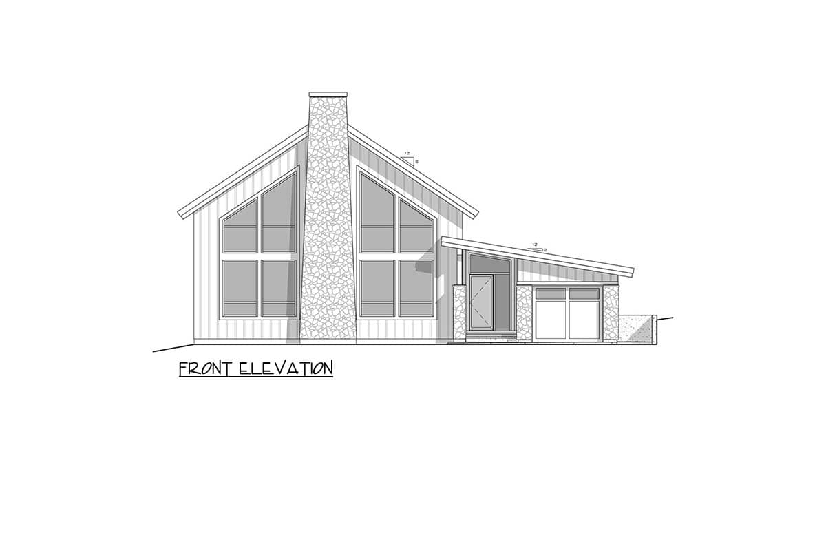Front elevation of a house plan featuring a stone chimney, asymmetric gables, and large, multi-pane windows.