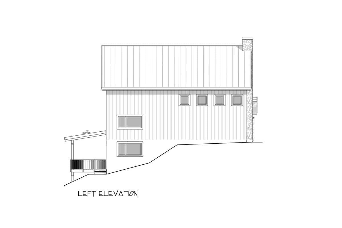 Left elevation drawing of a two-story house with a metal roof, vertical siding, multiple windows, a covered porch, and a stone chimney.